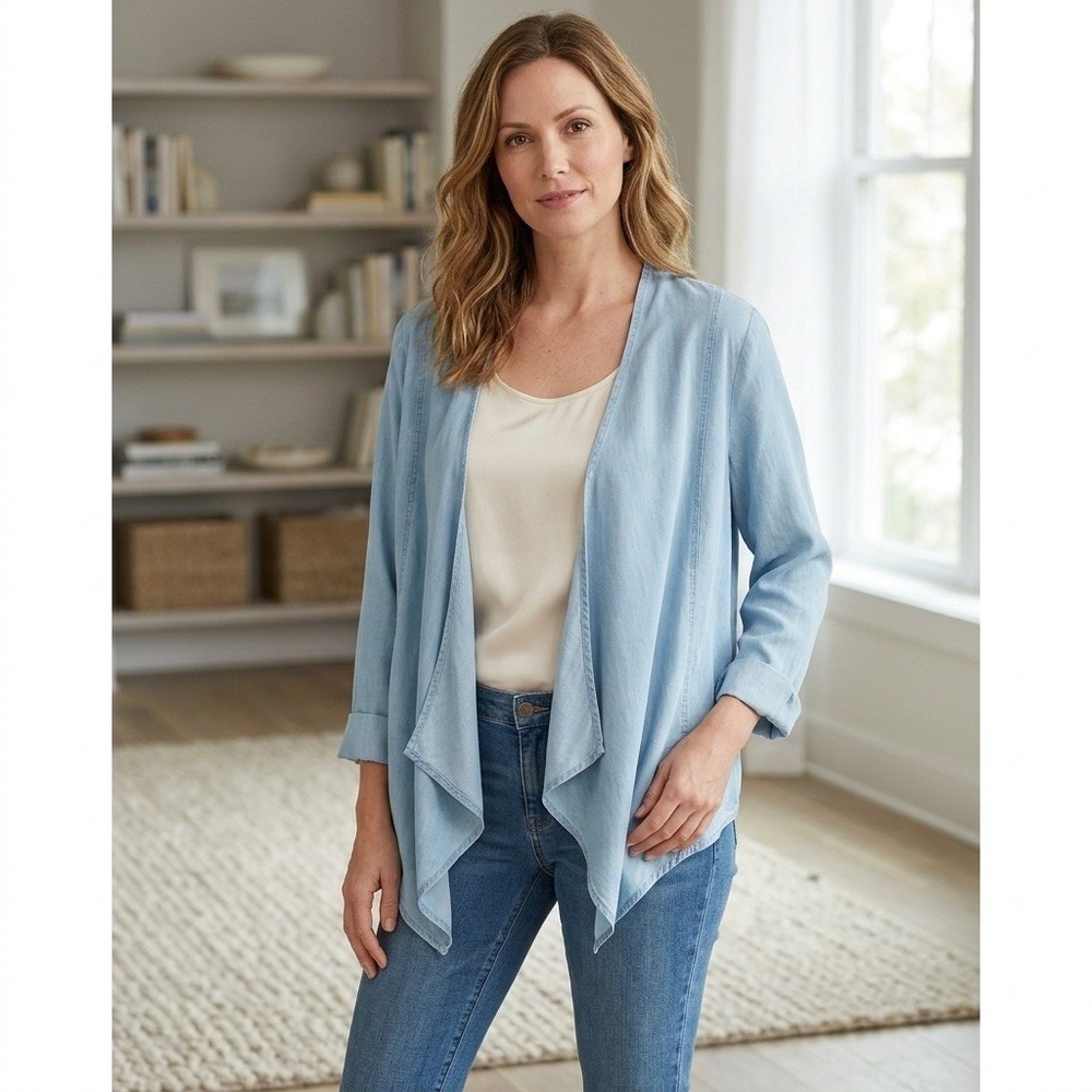 Soft Surroundings Tencel Draped Waterfall Open‎ Front Jacket Light Wash Blue